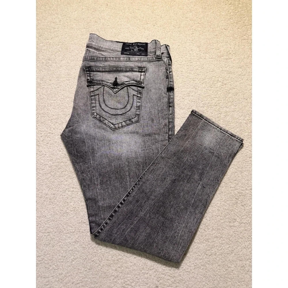 True Religion Rocco Relaxed Skinny Jeans Men's 42 Gray Black Wash Flap Pocket
